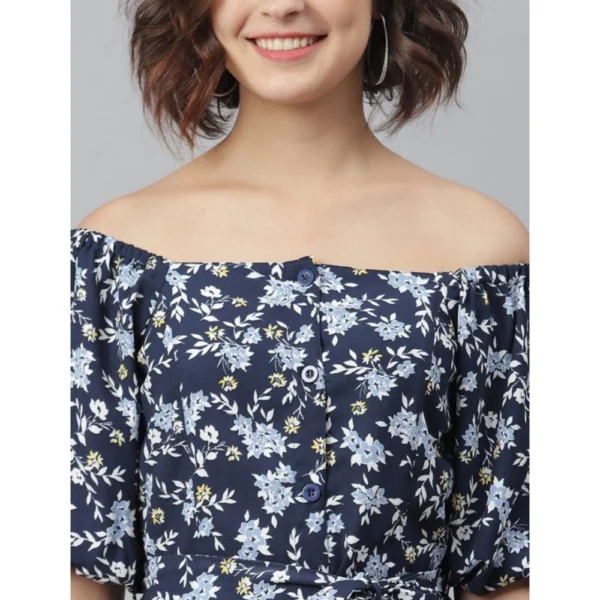 Women's Polyester Off Shoulder Half Sleeve Above Knee Dress (Blue) - Image 3