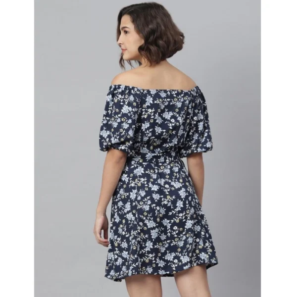 Women's Polyester Off Shoulder Half Sleeve Above Knee Dress (Blue) - Image 6
