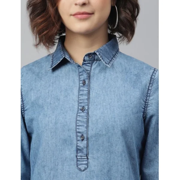 Women's Denim Solid Long Sleeves Above Knee Dress (Ice Blue) - Image 2