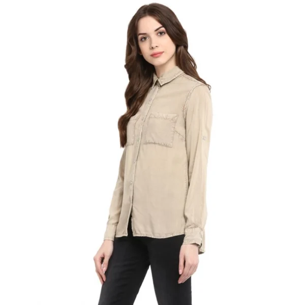 Women's Rayon Solid Long Sleeves Standard Length Shirt (Beige) - Image 3