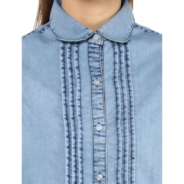 Women's Denim Solid 3-4th Sleeves Standard Length Shirt (Blue) - Image 2