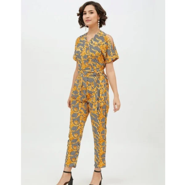 Women's Polyester Printed Half Sleeve Long Jumpsuit (Yellow) - Image 3