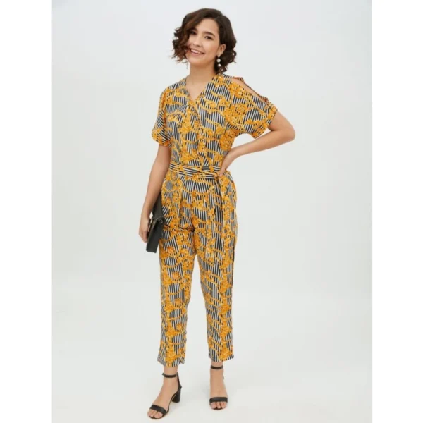 Women's Polyester Printed Half Sleeve Long Jumpsuit (Yellow) - Image 6