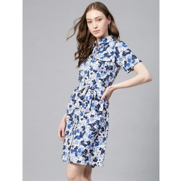 Women's Polyester Floral Short Sleeve Above Knee Dress (Blue - White) - Image 4