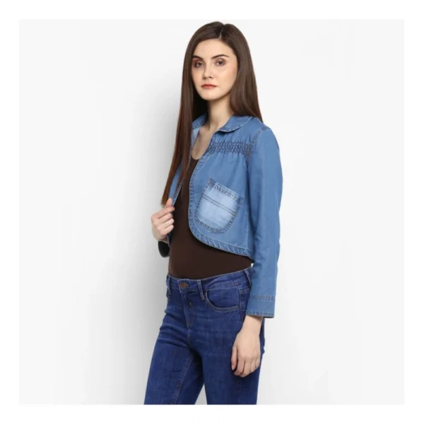 Women's Denim Smocking 3-4th Sleeves Shrug (Blue) - Image 3