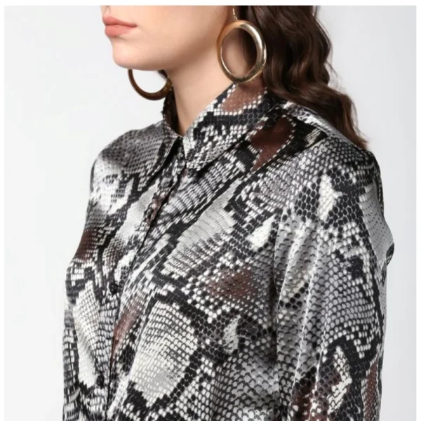 Women's Satin Animal Print Long Sleeves Standard Length Shirt (Black - Grey) - Image 2