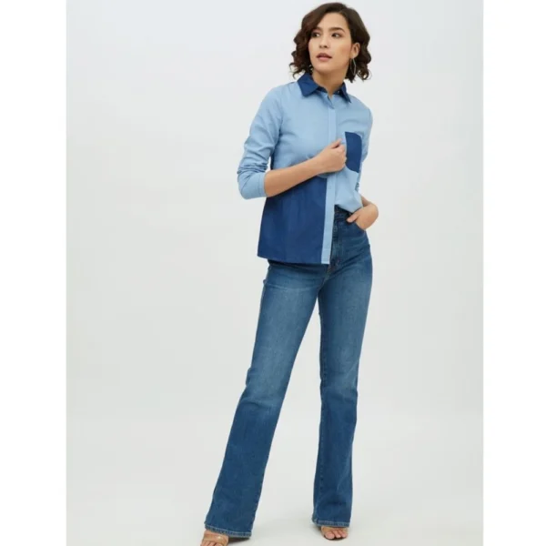 Women's Denim Patch Work Long Sleeves Standard Length Shirt (Blue) - Image 6