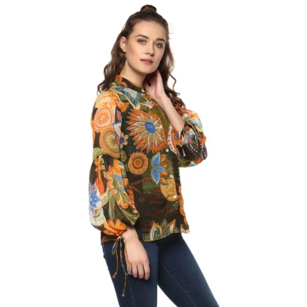 Women's Polyester Floral Balloon Sleeve Top (Mustard - Olive) - Image 4