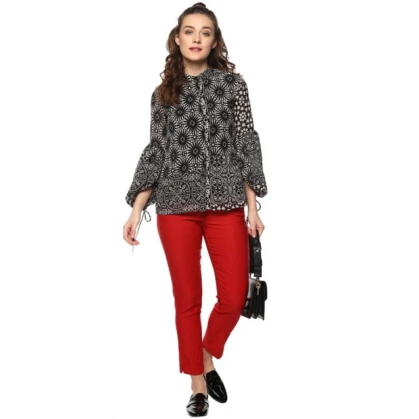 Women's Polyester Printed Balloon Sleeve Top (Black - White) - Image 6