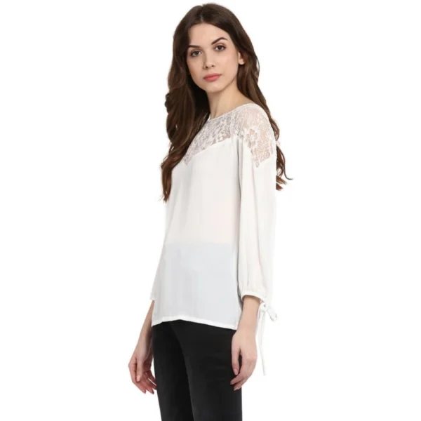 Women's Polyester Georgette Self Design 3-4th Sleeves Regular Top (White) - Image 3