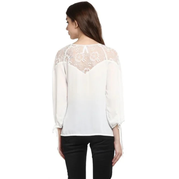 Women's Polyester Georgette Self Design 3-4th Sleeves Regular Top (White) - Image 6