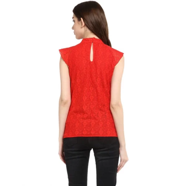 Women's Cotton Lace Embellished Cap Sleeve Regular Top (Red) - Image 7