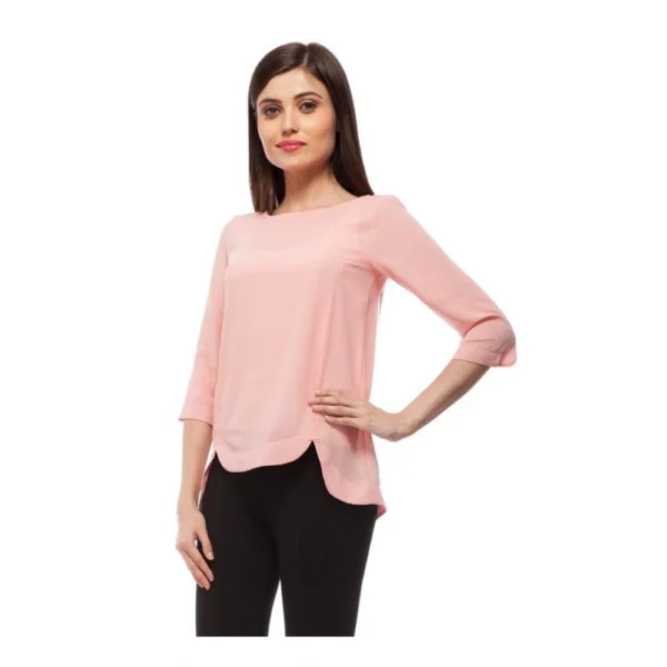 Women's Polyester Solid 3-4th Sleeves Regular Top (Peach) - Image 2