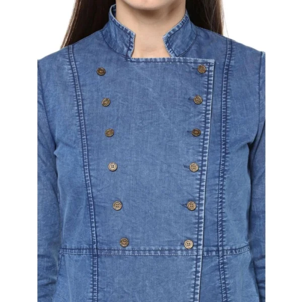 Women's Denim Solid 3-4th Sleeves Regular Top (Blue) - Image 2