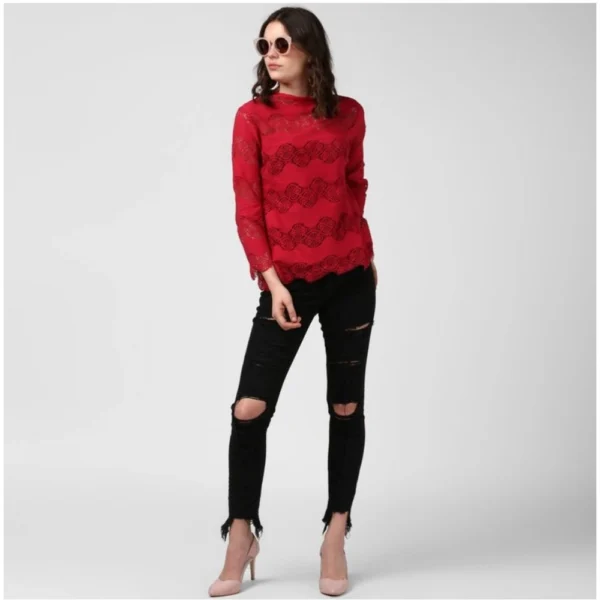 Women's Cotton Self Design Long Sleeves Top (Maroon) - Image 6