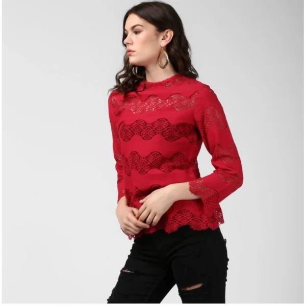 Women's Cotton Self Design Long Sleeves Top (Maroon) - Image 3