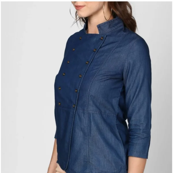 Women's Denim Solid 3-4th Sleeves Top (Blue) - Image 3