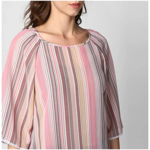 Women's Polyester Striped 3-4th Sleeves Top (Pink) - Image 2