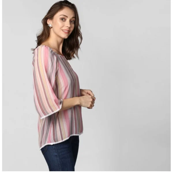Women's Polyester Striped 3-4th Sleeves Top (Pink) - Image 4