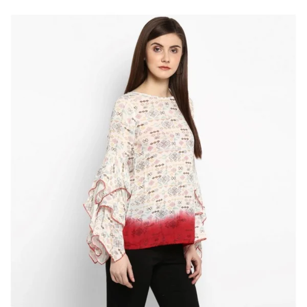 Women's Rayon Crepe Printed Ruffle Sleeve Top (Off White - Red) - Image 4