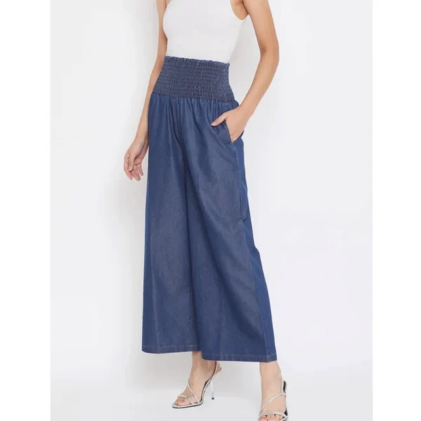 Women's Denim Solid Smocked Trousers (Navy Blue) - Image 3