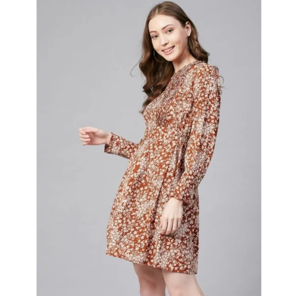 Women's Polyester Floral Long Sleeves Above Knee Dress (Rust) - Image 4