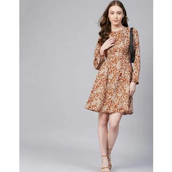 Women's Polyester Floral Long Sleeves Above Knee Dress (Rust) - Image 6