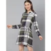 Women's Cotton Checkered Long Sleeves Above Knee Dress (Olive - White) - Image 4