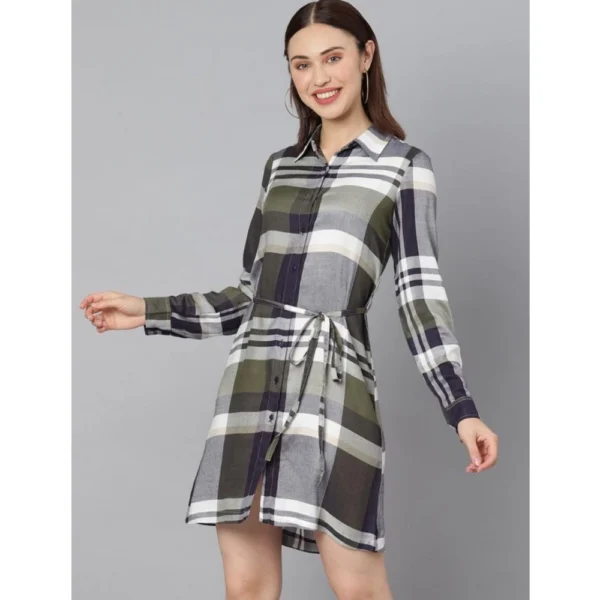 Women's Cotton Checkered Long Sleeves Above Knee Dress (Olive - White) - Image 4