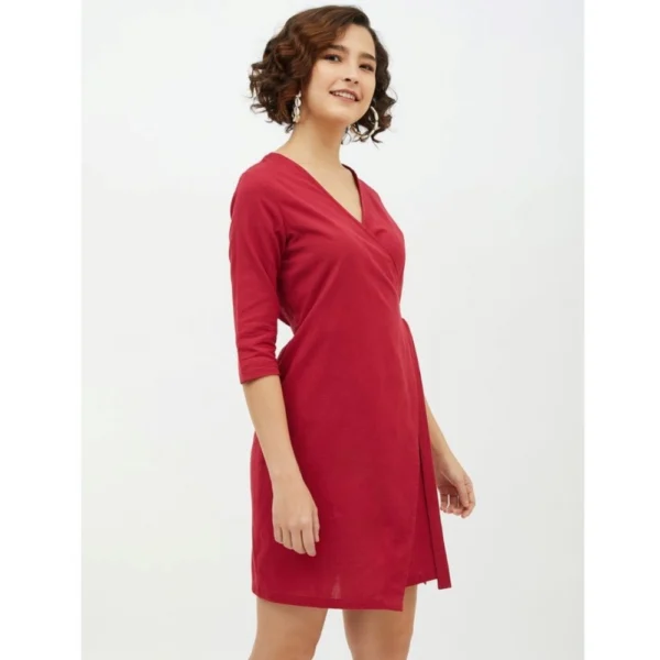 Women's Cotton Wrap 3-4th Sleeves Above Knee Dress (Maroon) - Image 4