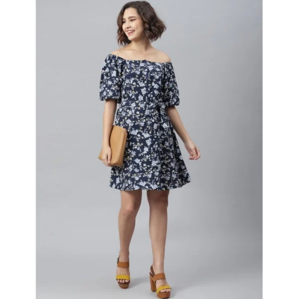 Women's Polyester Off Shoulder Half Sleeve Above Knee Dress (Blue) - Image 5