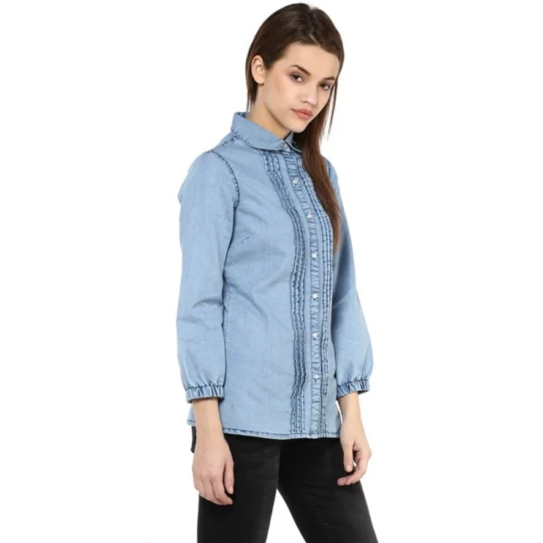 Women's Denim Solid 3-4th Sleeves Standard Length Shirt (Blue) - Image 4