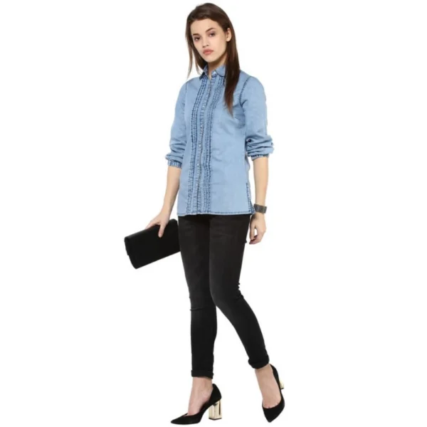 Women's Denim Solid 3-4th Sleeves Standard Length Shirt (Blue) - Image 6