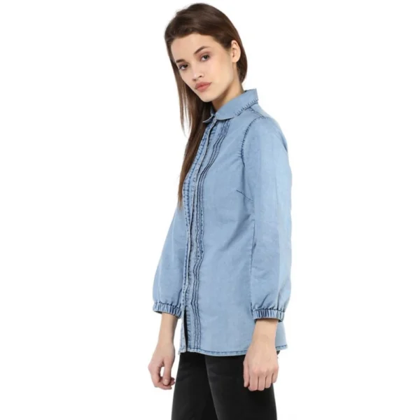 Women's Denim Solid 3-4th Sleeves Standard Length Shirt (Blue) - Image 3