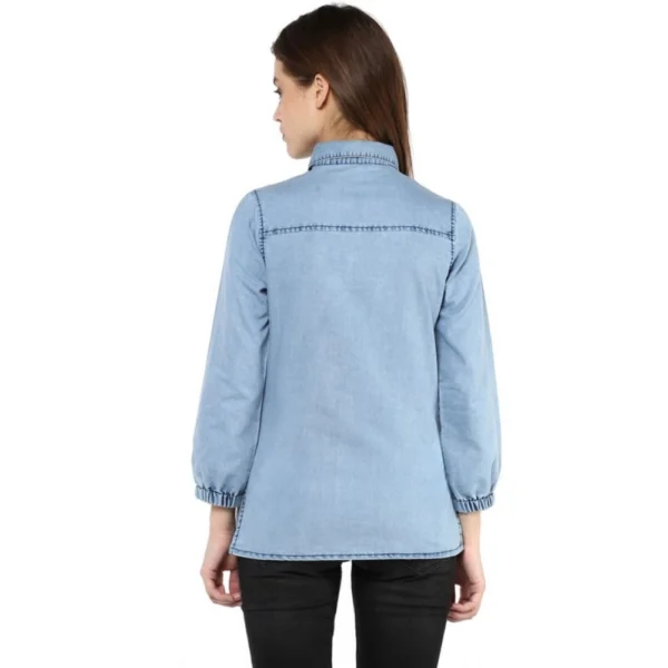 Women's Denim Solid 3-4th Sleeves Standard Length Shirt (Blue) - Image 7