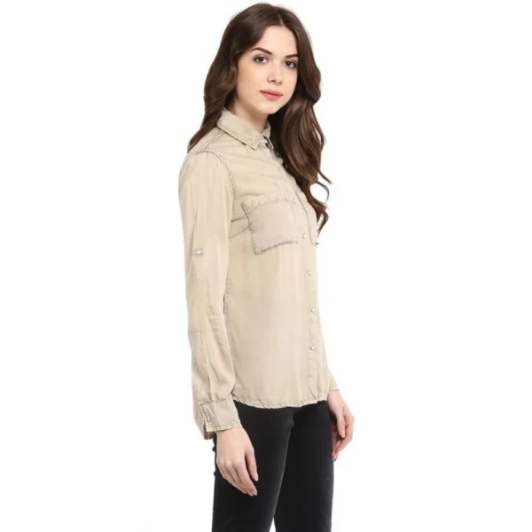 Women's Rayon Solid Long Sleeves Standard Length Shirt (Beige) - Image 5