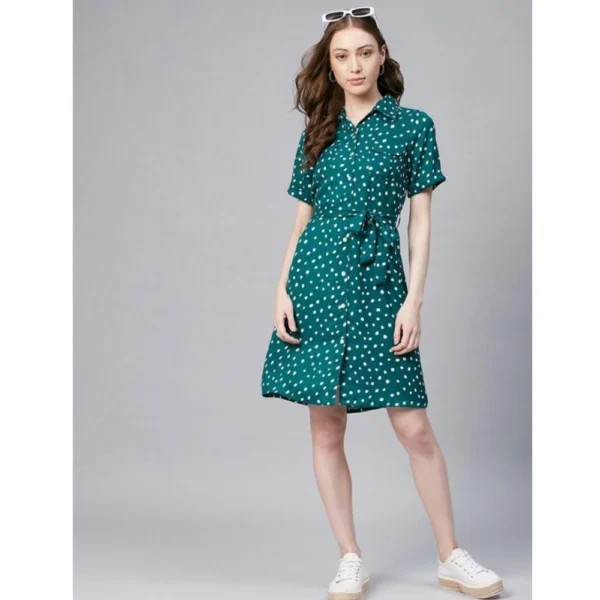 Women's Polyester Polka Short Sleeve Above Knee Dress (Blue - White) - Image 6
