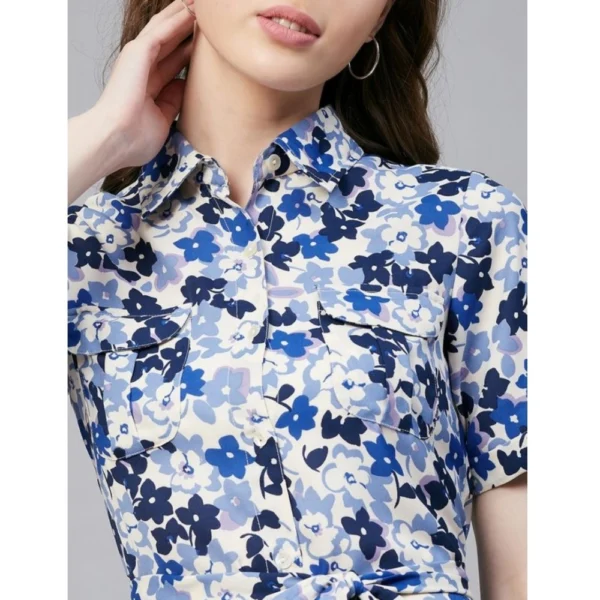 Women's Polyester Floral Short Sleeve Above Knee Dress (Blue - White) - Image 2