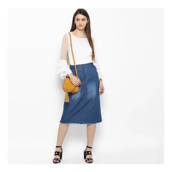 Women's Denim Washed Buttoned Skirt (Blue) - Image 6