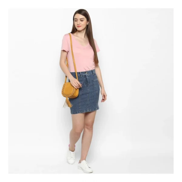 Women's Denim Front Pocket Buttoned Skirt (Blue) - Image 6