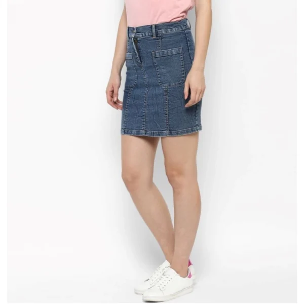 Women's Denim Front Pocket Buttoned Skirt (Blue) - Image 3
