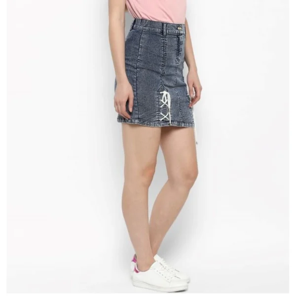 Women's Denim Tie Up Buttoned Skirt (Blue) - Image 4