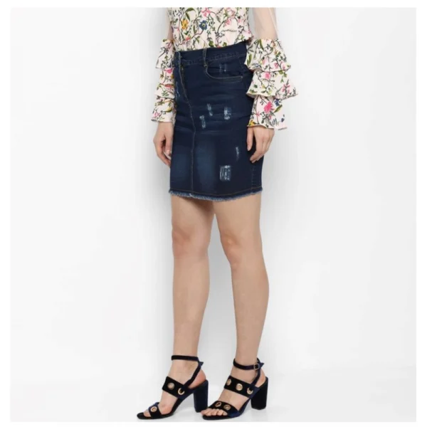 Women's Denim Distressed Buttoned Skirt (Blue) - Image 3