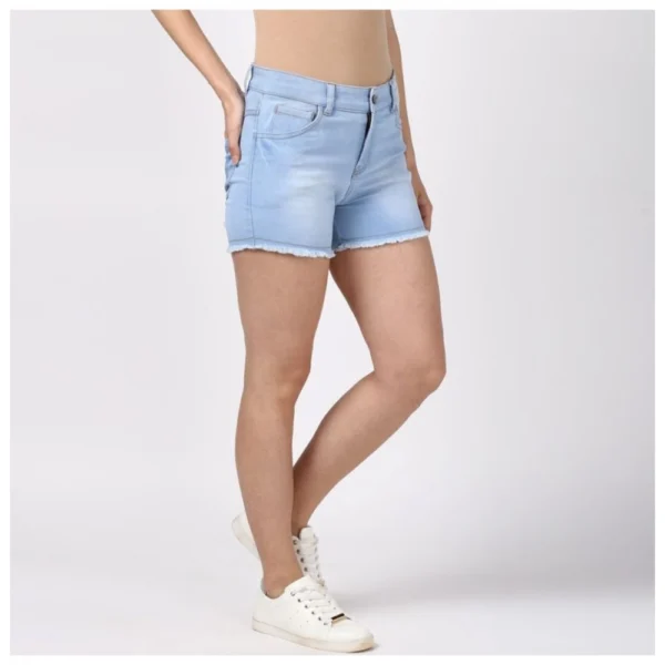 Women's Denim Solid Buttoned Shorts (Blue) - Image 3