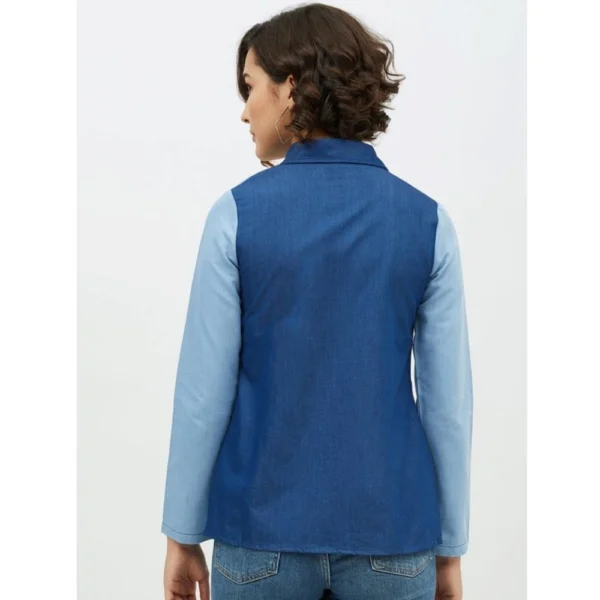 Women's Denim Patch Work Long Sleeves Standard Length Shirt (Blue) - Image 7
