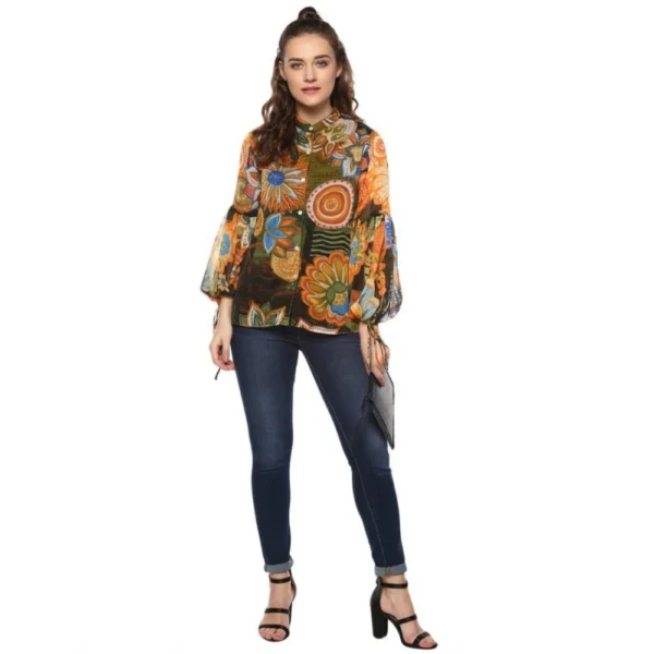 Women's Polyester Floral Balloon Sleeve Top (Mustard - Olive) - Image 6