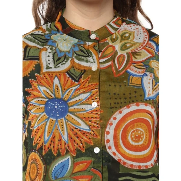 Women's Polyester Floral Balloon Sleeve Top (Mustard - Olive) - Image 2