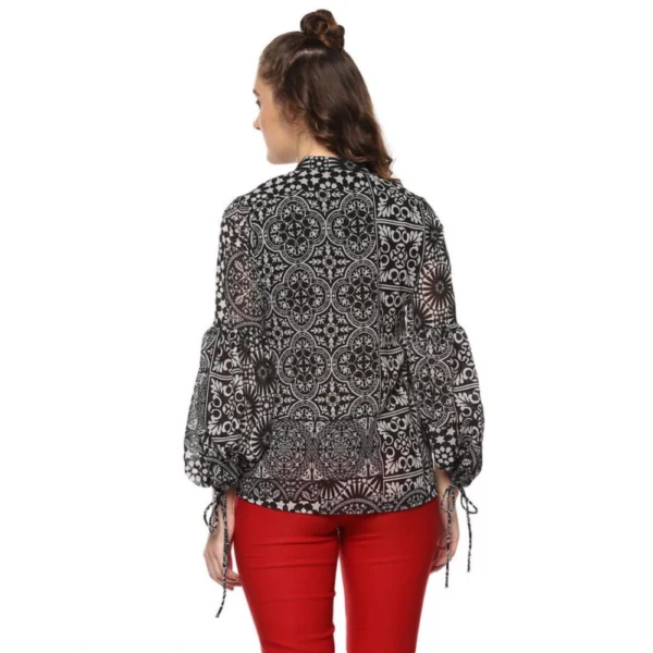Women's Polyester Printed Balloon Sleeve Top (Black - White) - Image 7