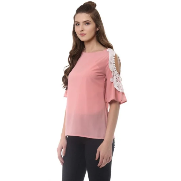 Women's Polyester Lace Inserts Half Sleeve Top (Pink) - Image 3