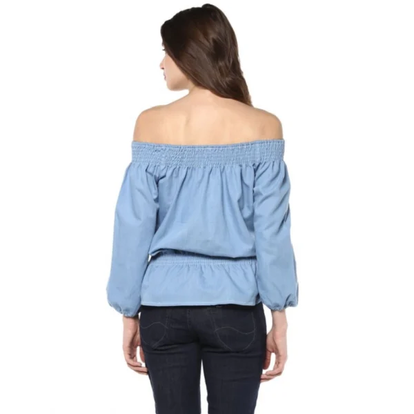 Women's Denim Solid 3-4th Sleeves Regular Top (Blue) - Image 7